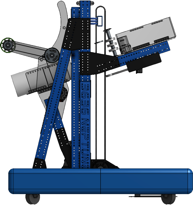 A 3D model of this year's robot design, featuring an elevator mechanism and funnel.